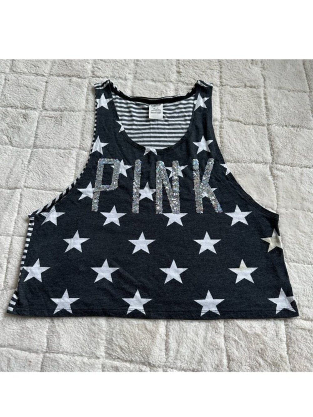 Victoria's Secret PINK | Gray & White Stars and Stripes Bling Tank | Size Medium